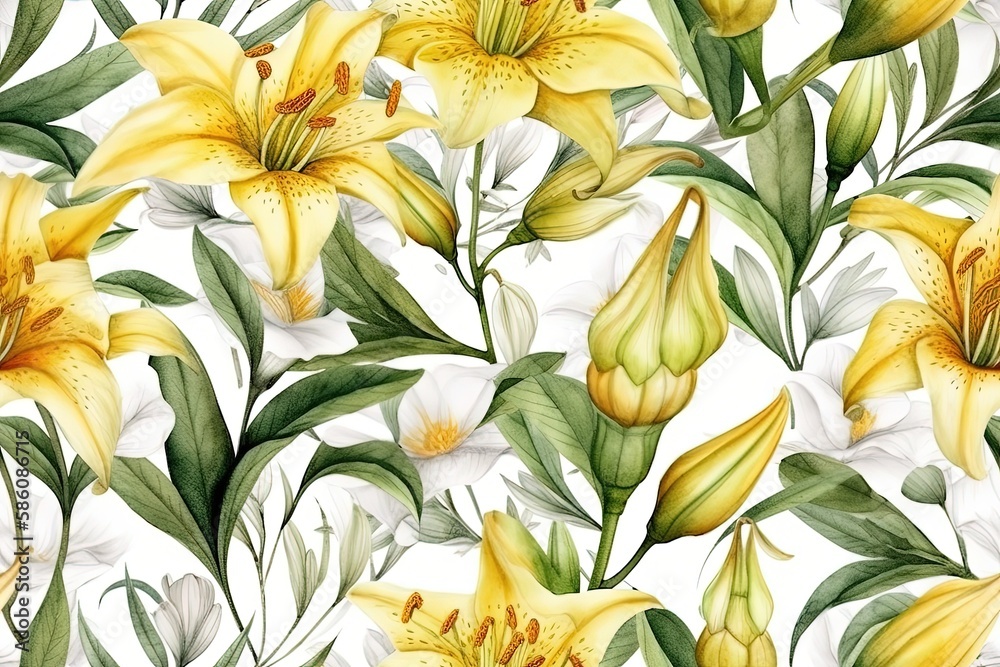 Illustration of yellow and white flowers on a white background created with Generative AI technology