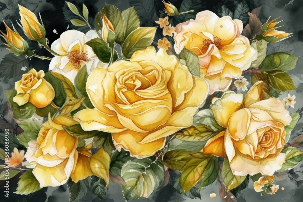 beautiful bouquet of yellow roses on a white background created with Generative AI technology