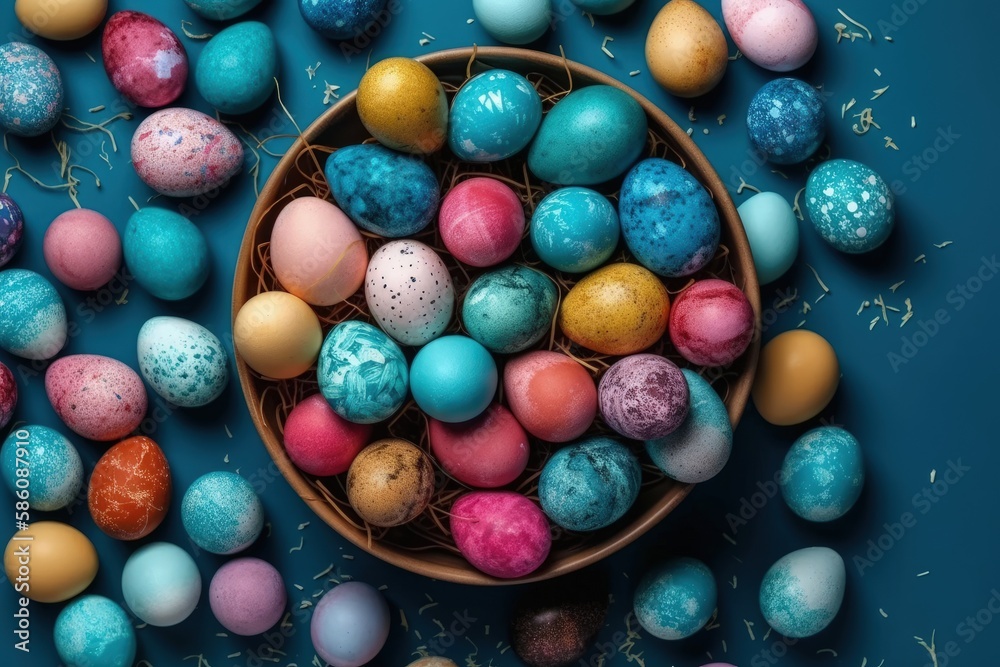 colorful bowl filled with a variety of Easter eggs created with Generative AI technology