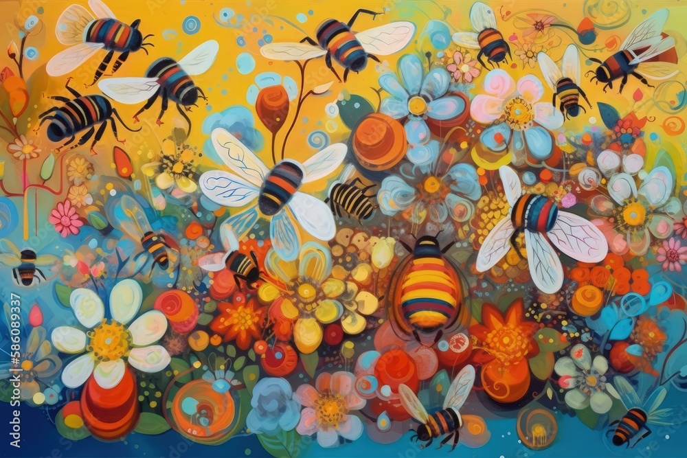 vibrant painting featuring bees and flowers on a bright yellow background created with Generative AI