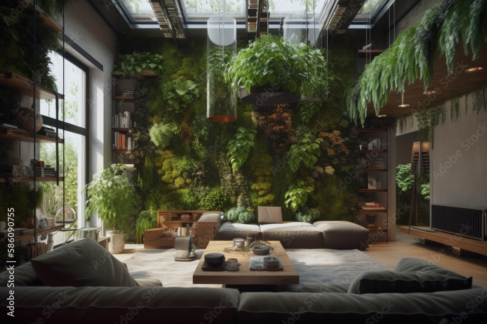 lush and vibrant living room with an abundance of green plants created with Generative AI technology