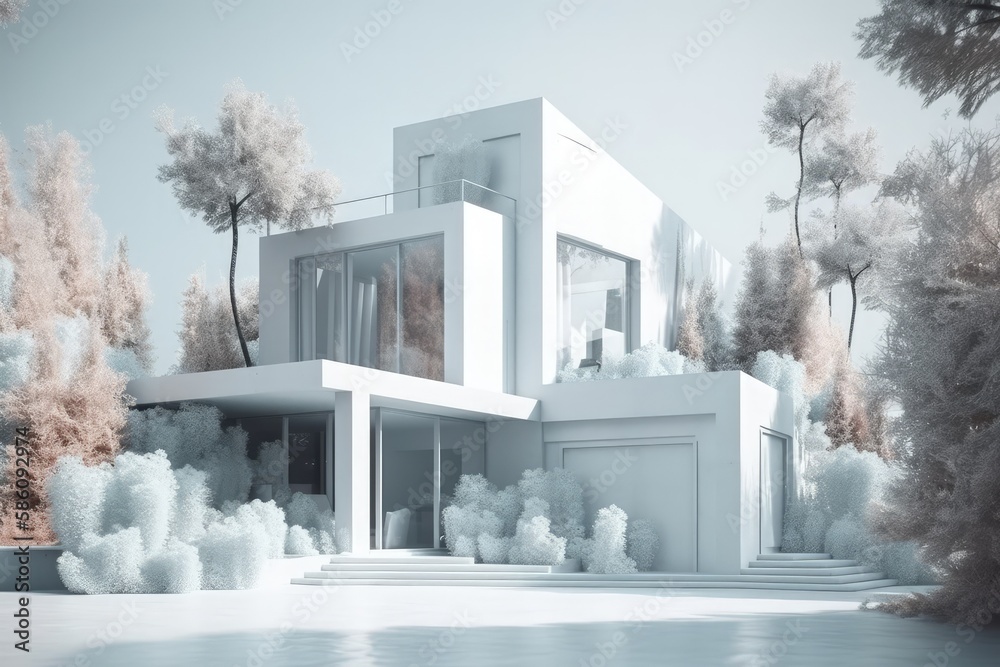 serene white house nestled among lush trees and calming waters created with Generative AI technology