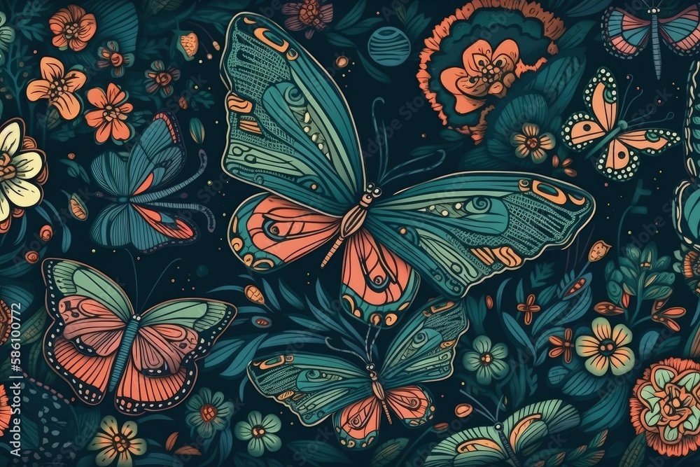 Illustration of Butterflies in Flight over a Verdant Green Field created with Generative AI technolo