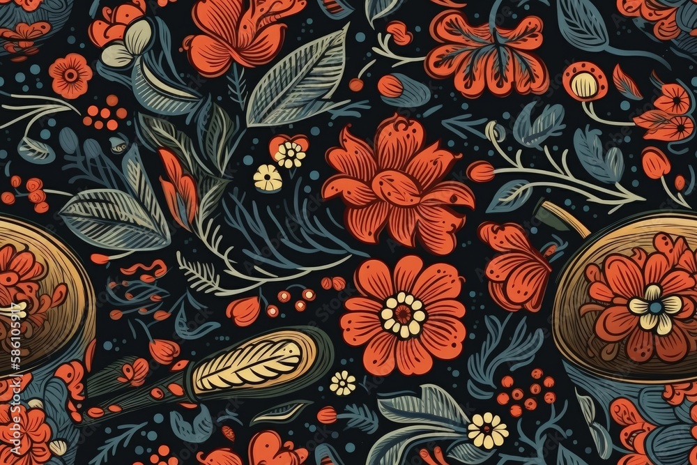 Illustration of red and blue flowers and leaves on a black background created with Generative AI tec