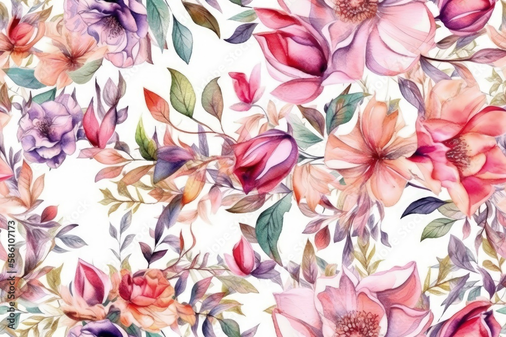 Illustration of colorful flowers painted in watercolor on a white background created with Generative