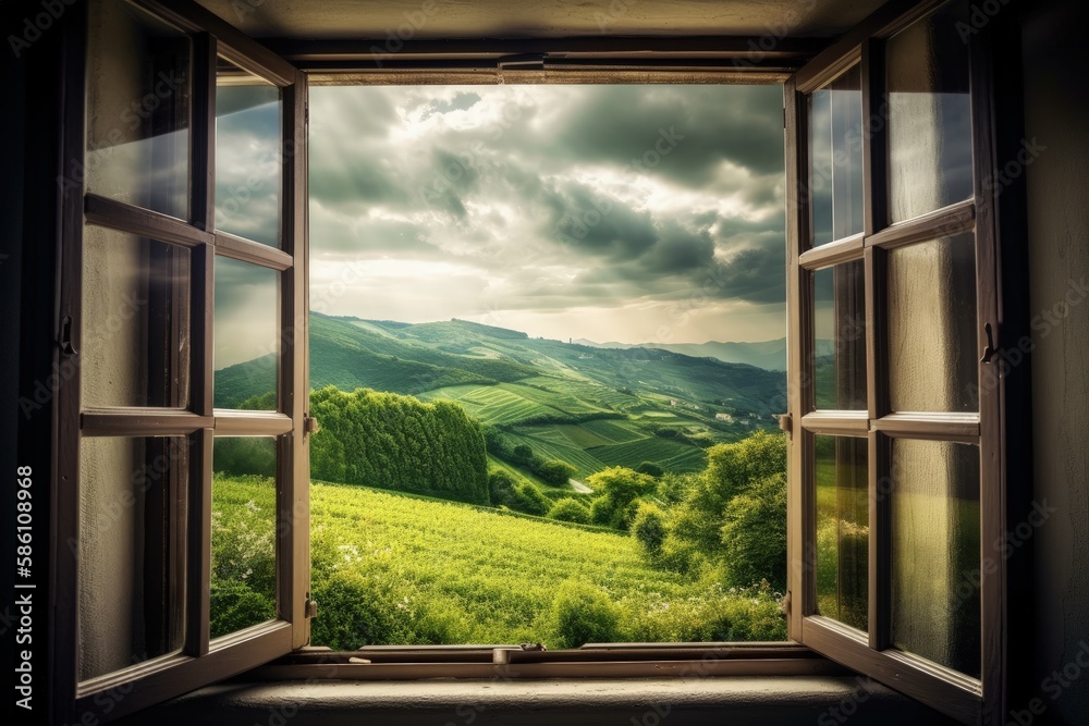 serene view of a countryside field through an open window created with Generative AI technology