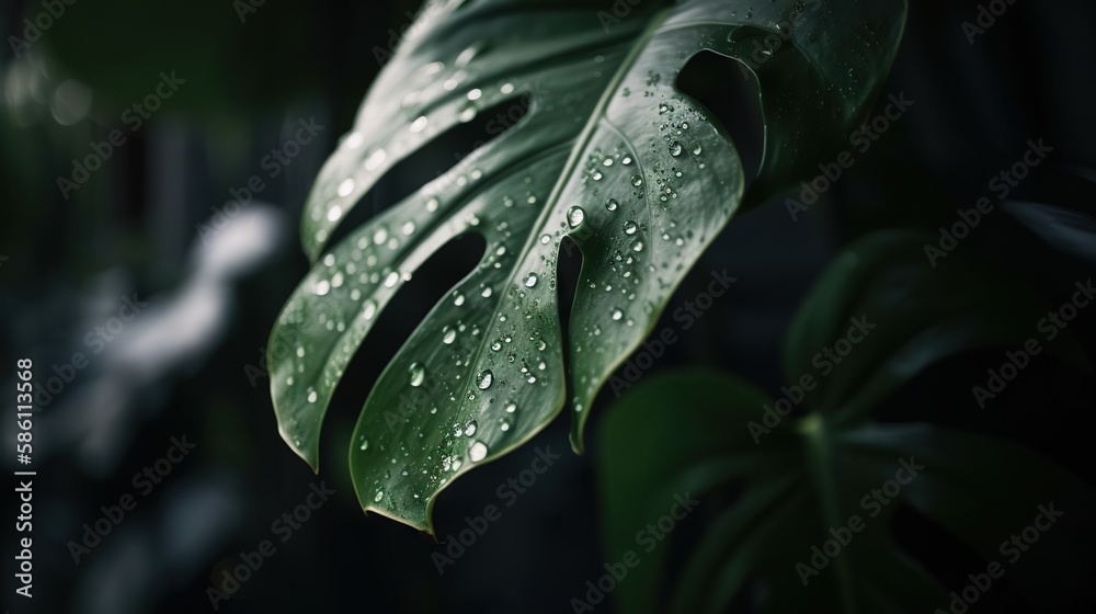 Closeup of Monstera tropical plant leaves with rain drops. Green natural backdrop. Generative AI