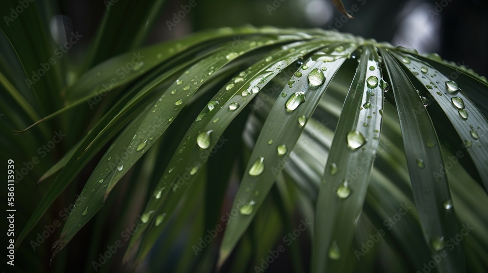 Closeup of Kentia Palm tropical plant leaves with rain drops. Green natural backdrop. Generative AI