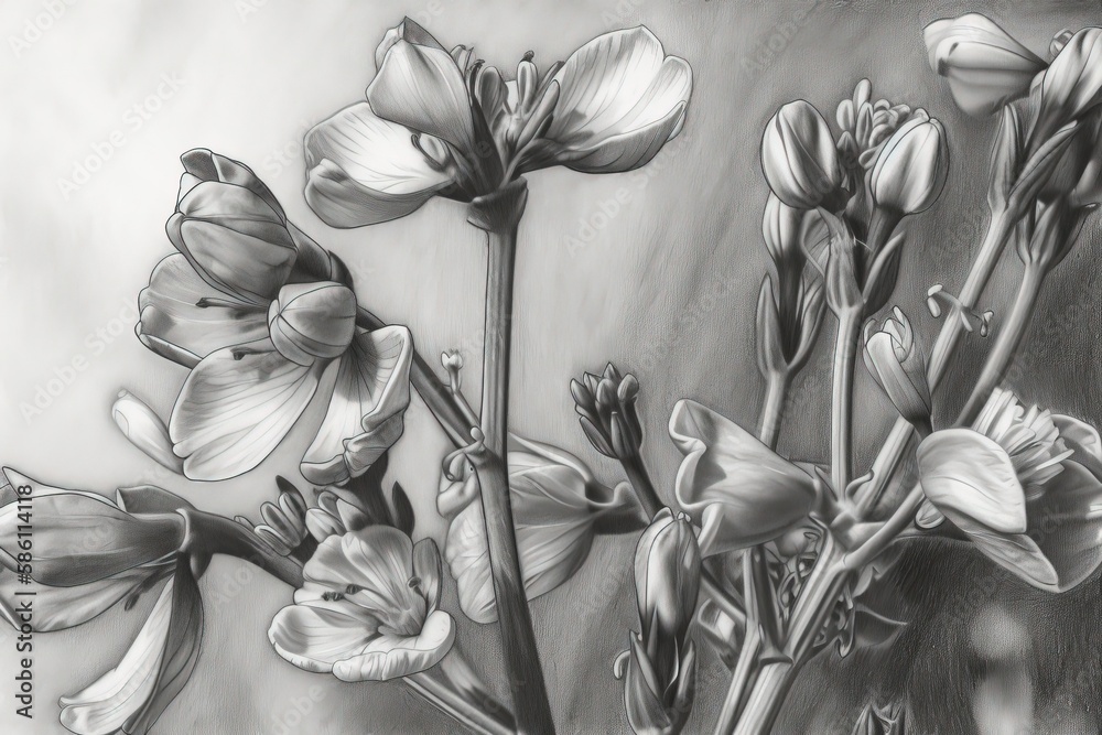 still life composition featuring flowers on a tabletop, drawn in pencil created with Generative AI t