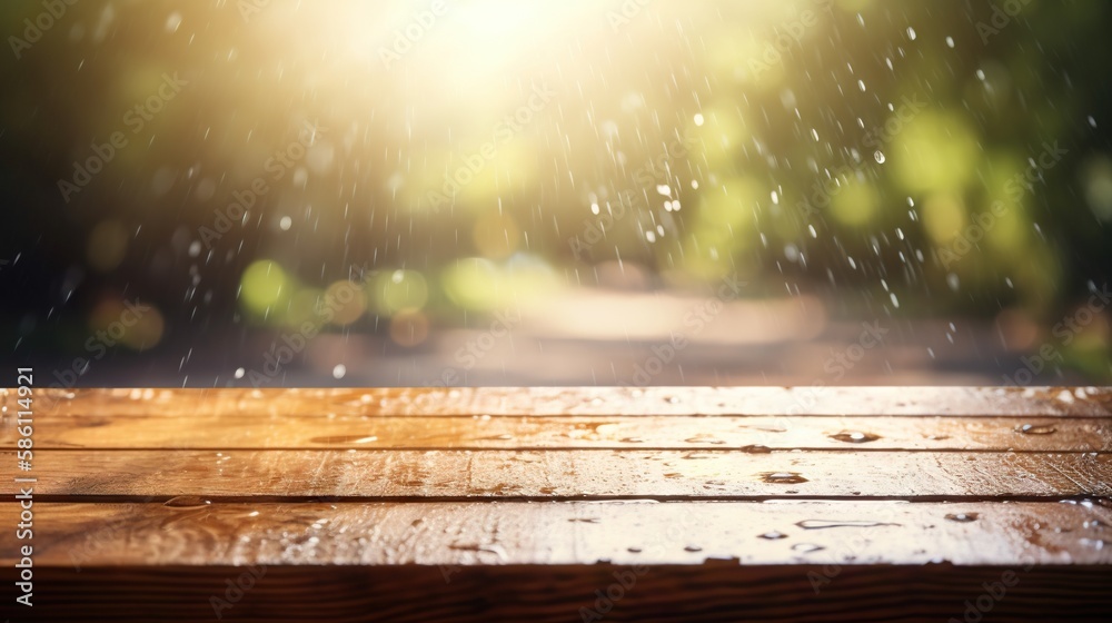 Wood table mockup with summer rain over green landscape. Empty copy space for product presentation. 