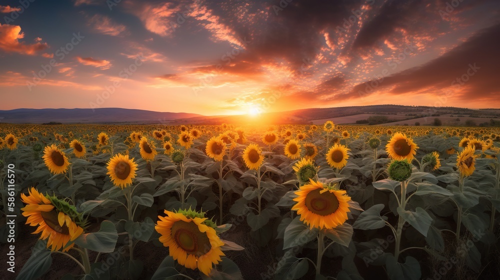 Panoramic field of sunflowers on sunset. Generative AI