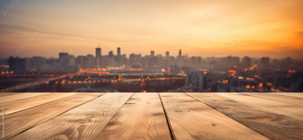 Wood table mockup with big city cityscape on background. Empty copy space for product presentation. 