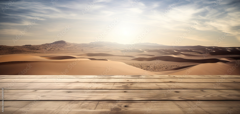 Wood table mockup with desert on background. Empty copy space for product presentation. Generative A