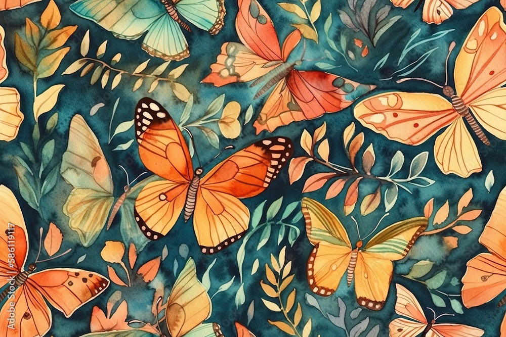 Illustration of colorful butterflies on a vibrant blue background created with Generative AI technol