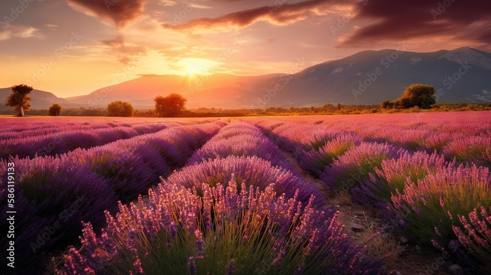 Stunning landscape with lavender field with stunning sunset on background. Generative AI