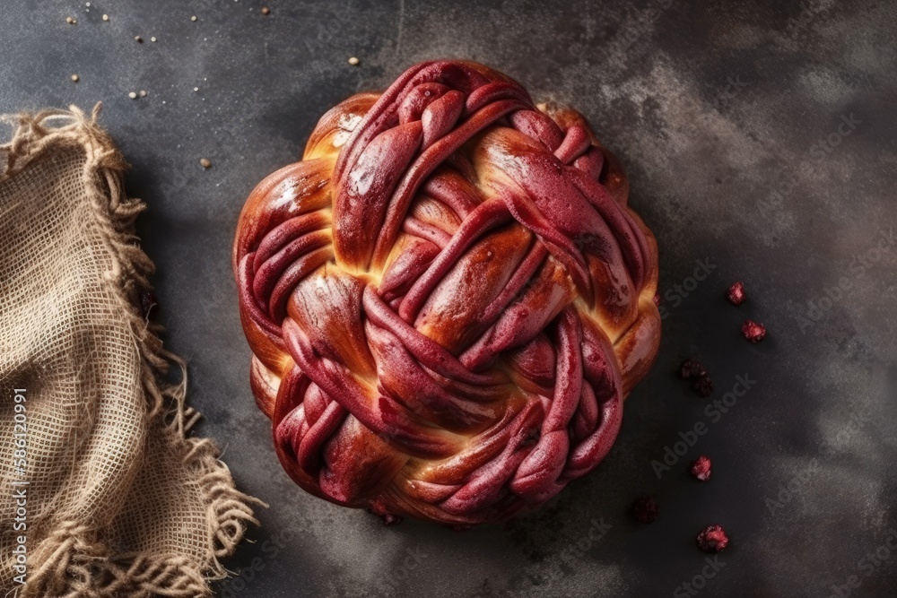 freshly baked braided pastry on a wooden table created with Generative AI technology