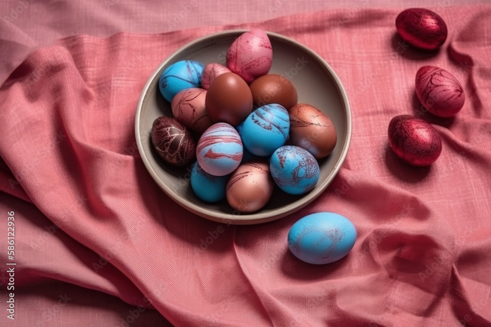 bowl of colorful chocolate eggs on a pastel pink background created with Generative AI technology