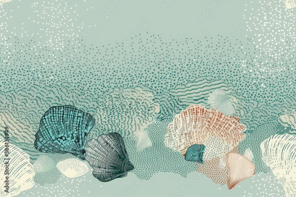 Illustration of seashells on a blue background created with Generative AI technology