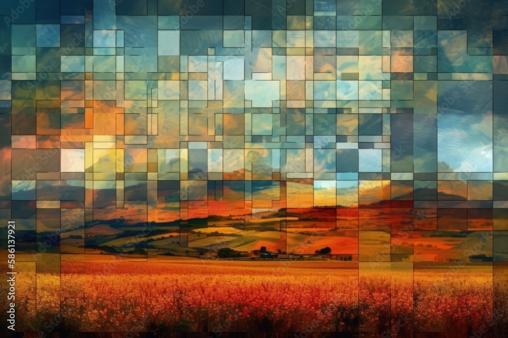 beautiful landscape with a colorful sky and a vast field created with Generative AI technology