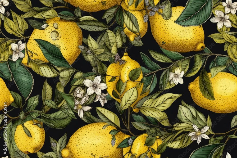 still life painting featuring lemons with leaves and flowers on a dark background created with Gener