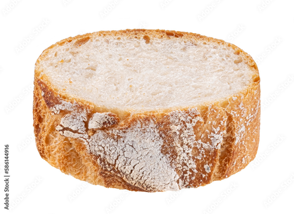 Baguette slice isolated on white background, full depth of field