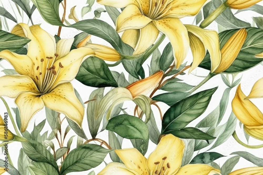 Illustration of yellow flowers and green leaves in a watercolor painting created with Generative AI 