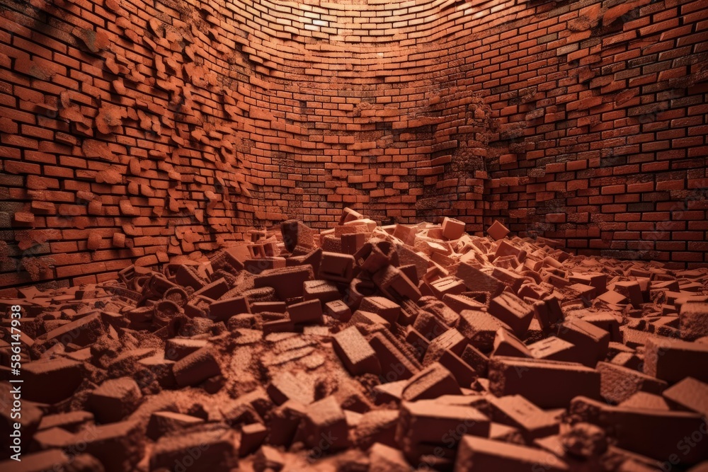 room filled with a towering pile of bricks created with Generative AI technology