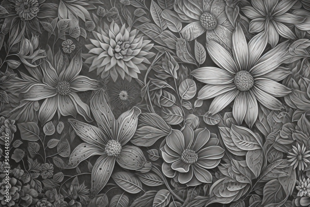 Illustration of black and white flower sketches created with Generative AI technology