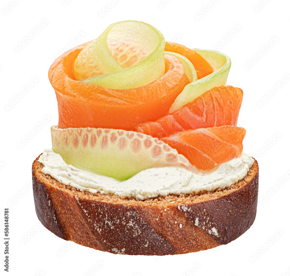 Rye bread with salmon and cream cheese isolated on white background