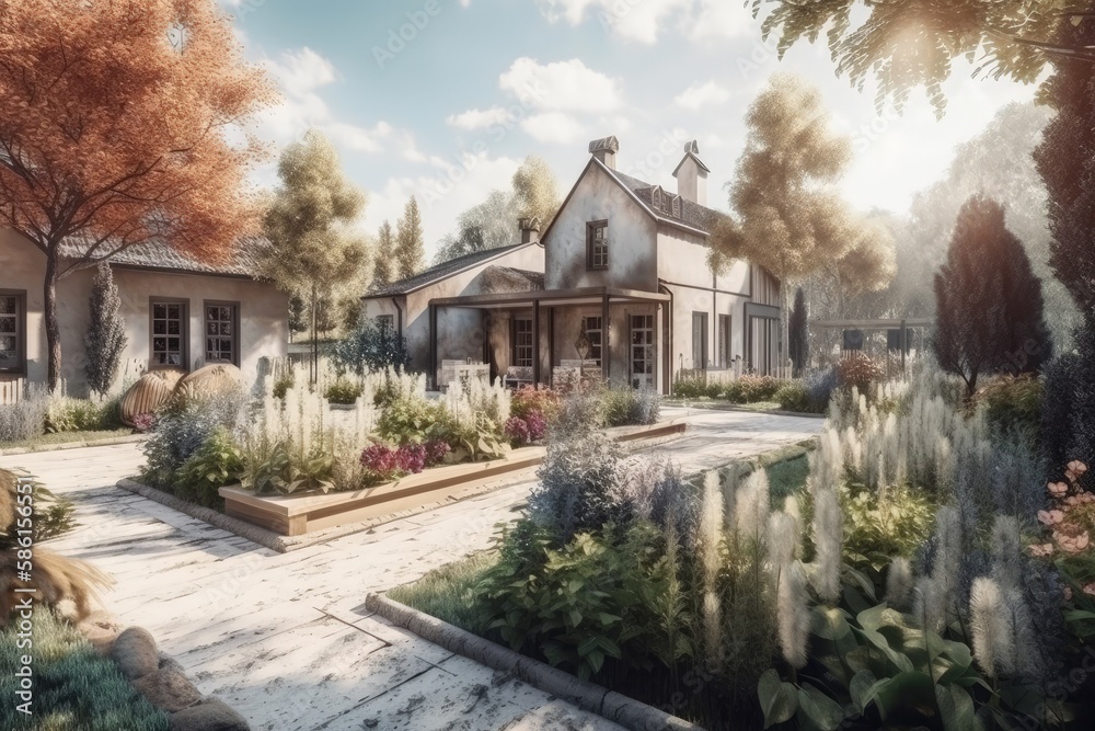 cozy cottage nestled among a vibrant garden and lush trees created with Generative AI technology