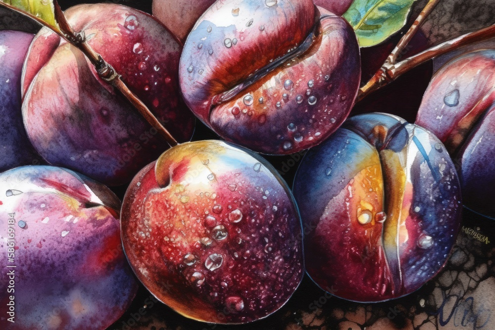 Illustration of plums with dew drops on them created with Generative AI technology