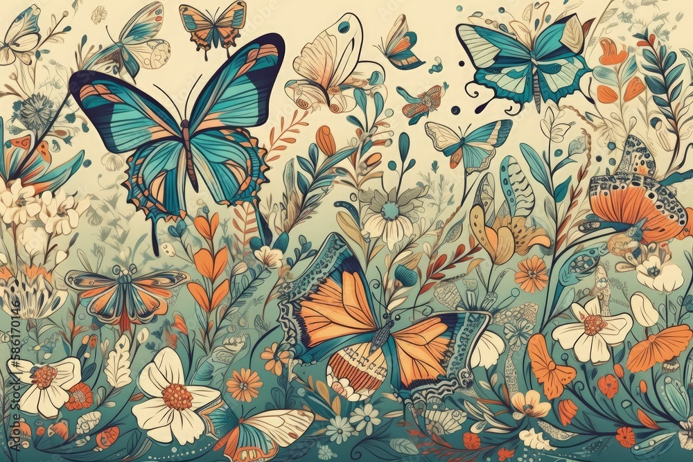 Illustration of Butterflies in Flight over a Field of Colorful Flowers created with Generative AI te