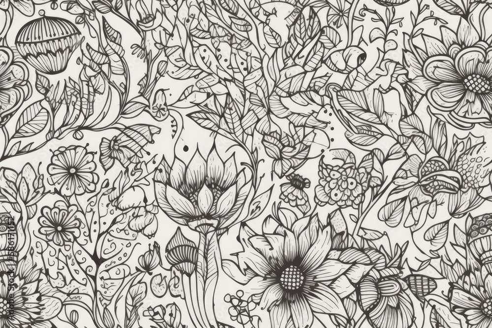 Illustration of black and white floral artwork created with Generative AI technology