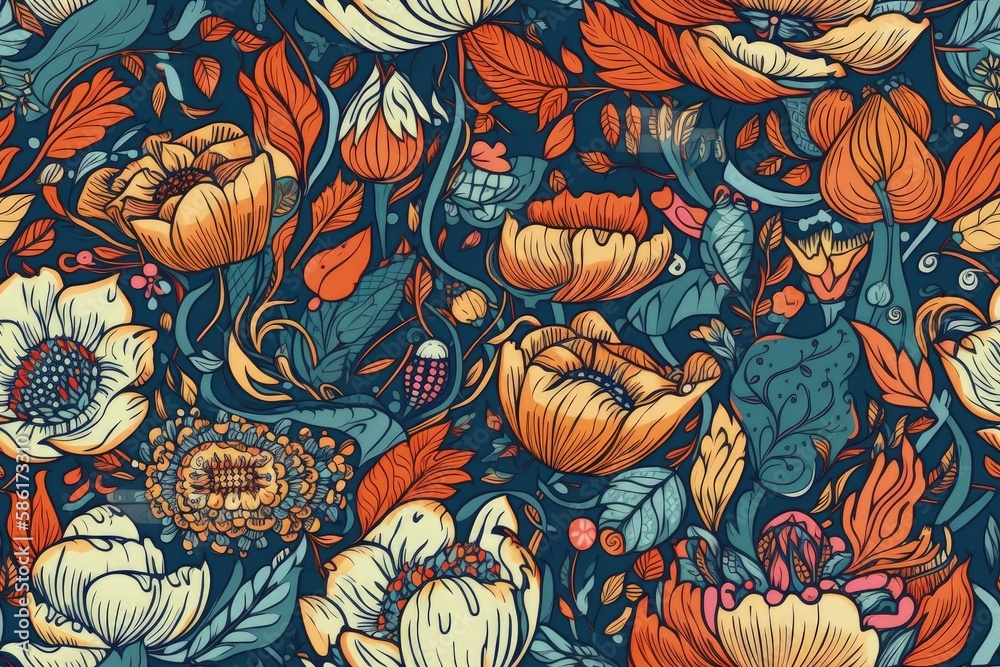 Illustration of orange flowers and leaves on a blue background created with Generative AI technology