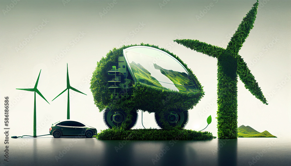 Creative illustration: Wind energy power generation to charge new energy vehicles