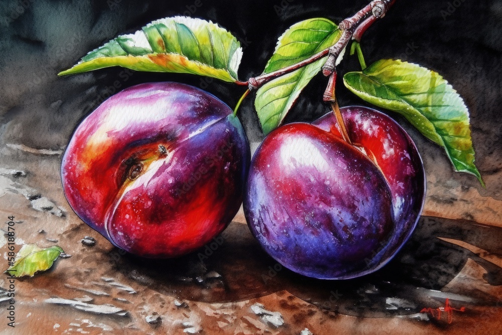 Illustration of Two Plums with Green Leaves in a Painting created with Generative AI technology