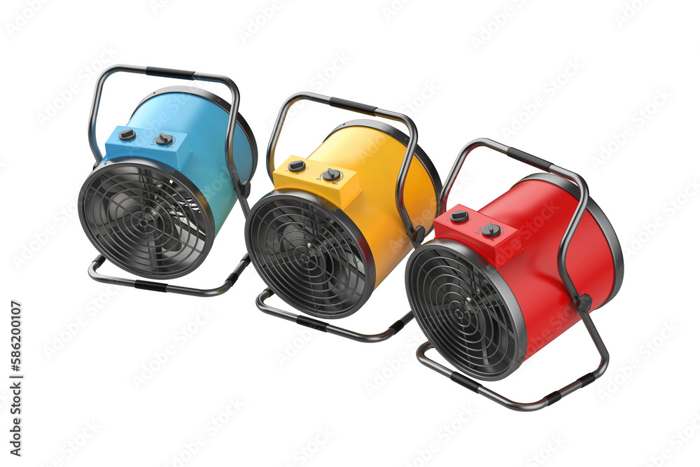 Three industrial electric heaters with different colors on transparent background