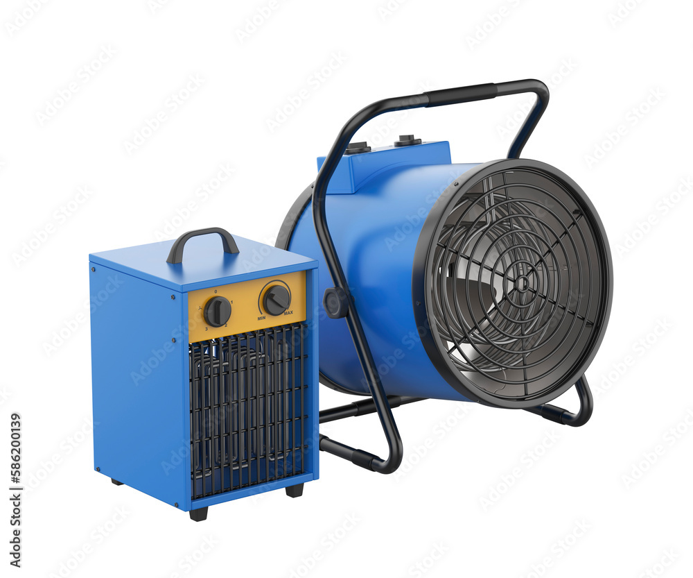 Two different industrial electric fan heaters on transparent background