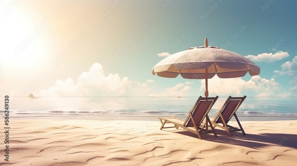 Beach chair and umbrella on beautiful beach. Sunny day on a ocean shore. Travel paradise concept. Ge