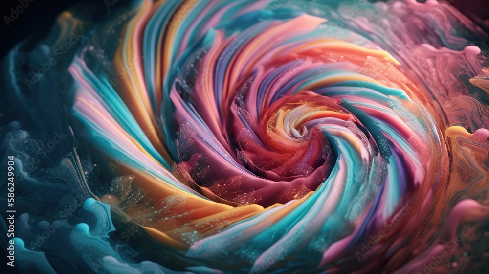 Closeup of colorful candy vortex. Swirl of sweet rainbow sweet lollipop liquid. Generative AI