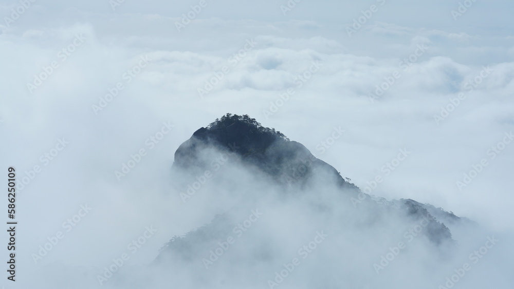 The beautiful mountains landscapes with the green forest and the erupted rock cliff as background in