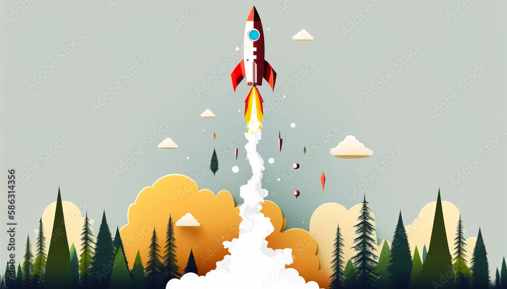 Rocket start up - The rocketship blasts off into the blue sky, a symbol of a successful startup - ai