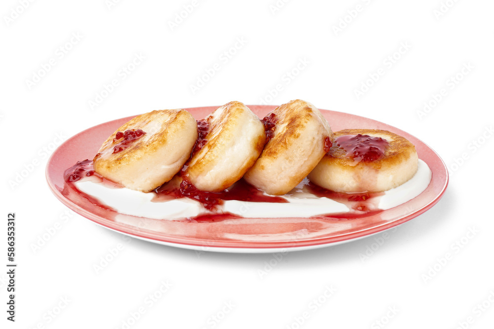 Plate of tasty cottage cheese pancakes with sour cream and raspberry jam on white background