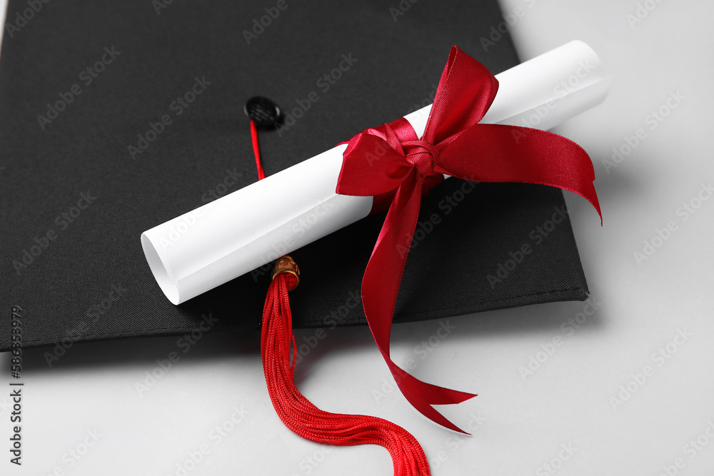 Diploma with red ribbon and graduation hat on white background