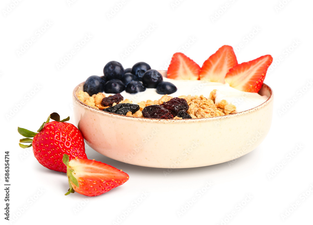 Bowl of tasty granola with yogurt and berries on white background