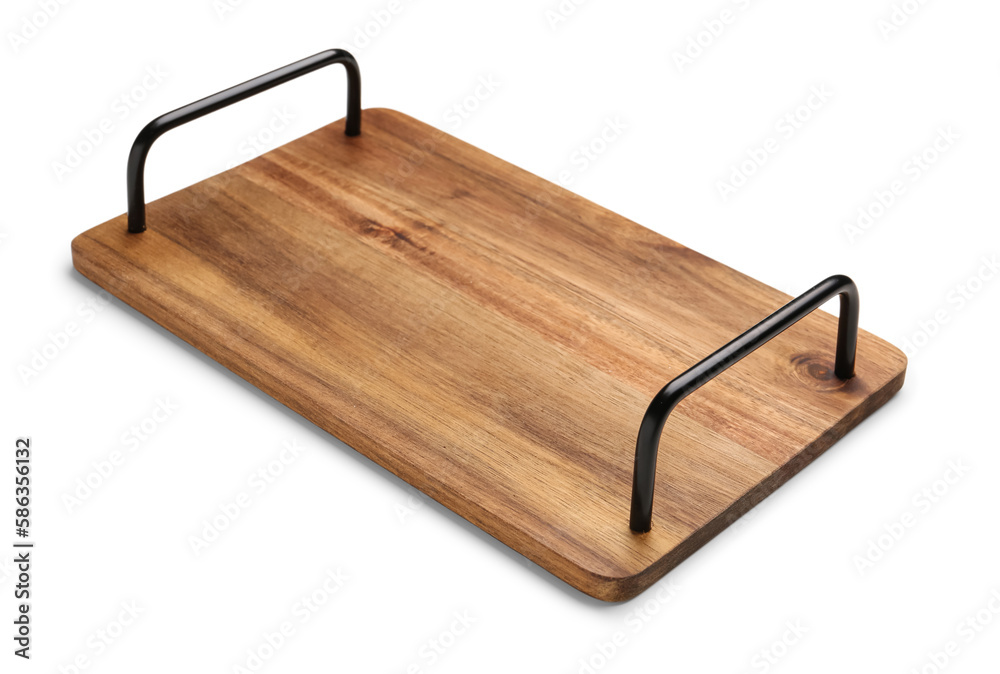 Wooden kitchen board with handles on white background