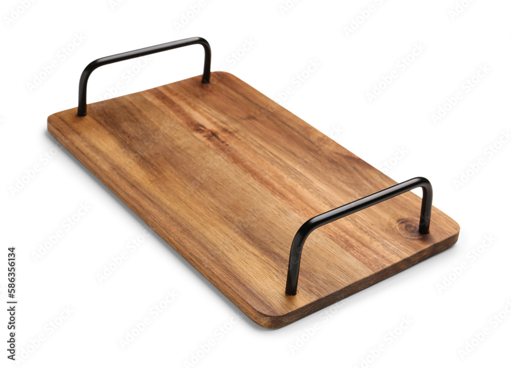 Wooden kitchen board with handles on white background