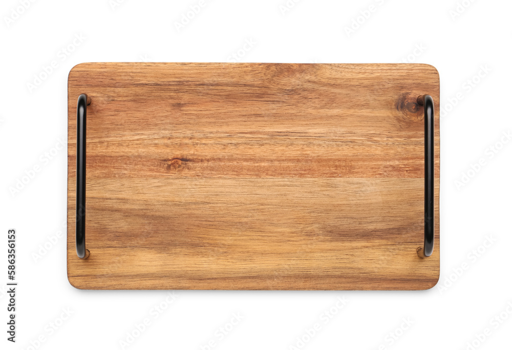 Wooden kitchen board with handles on white background