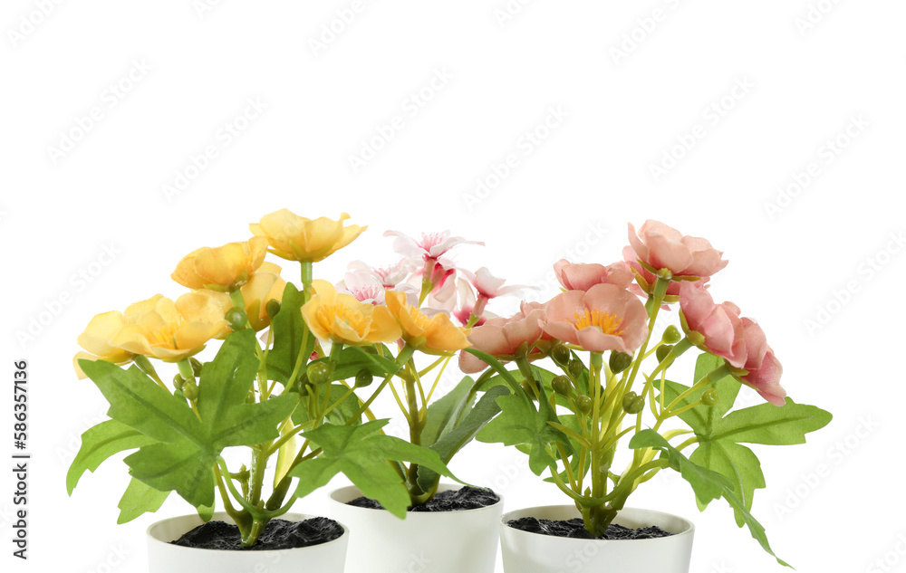 Artificial flowers on white background