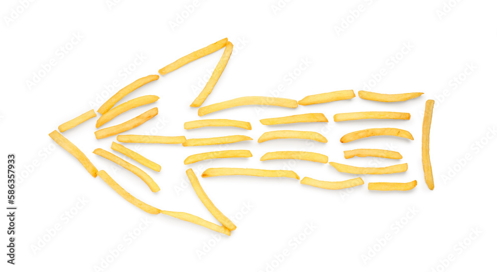 Arrow made of tasty french fries on white background